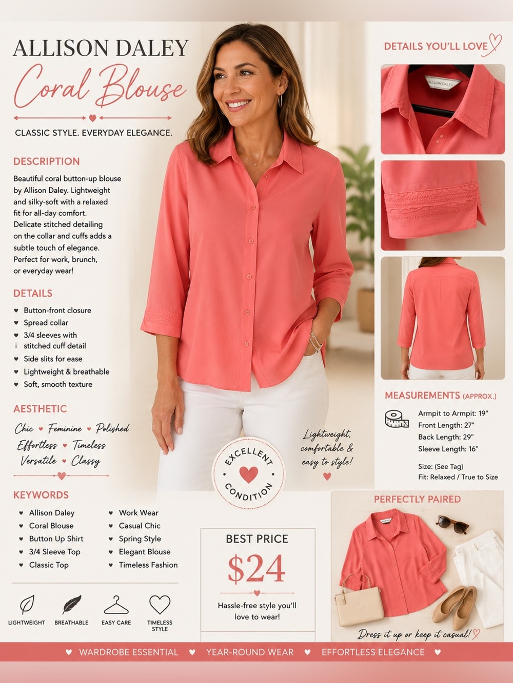 Allison Daley Coral Blouse with Black Trim